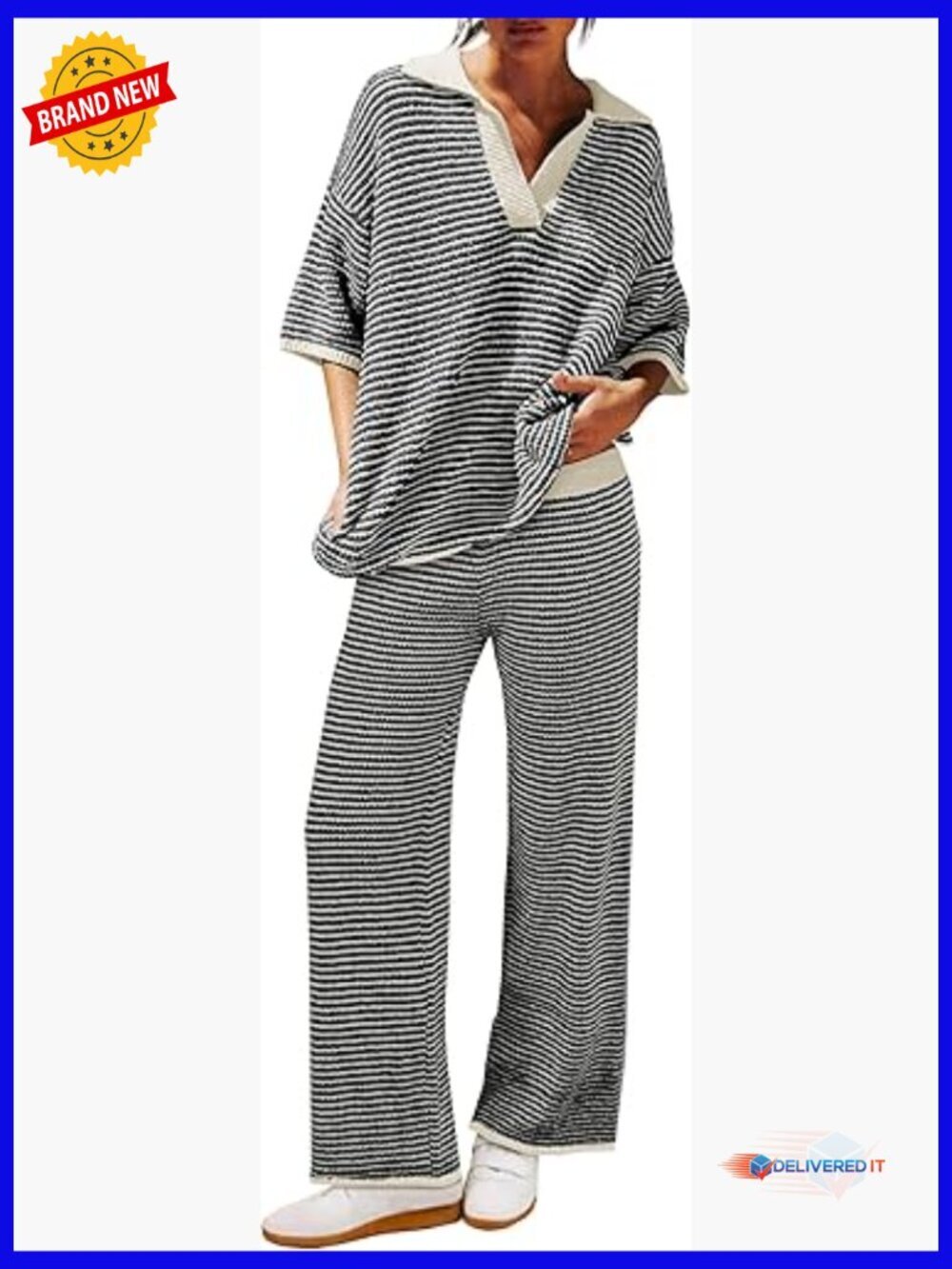 Striped 2 Piece Lounge Set Oversized V Neck Knit Tops Wide Leg Pants